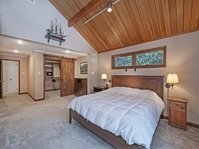 carpeted bedroom with beam ceiling, a barn door, wood ceiling, and high vaulted ceiling