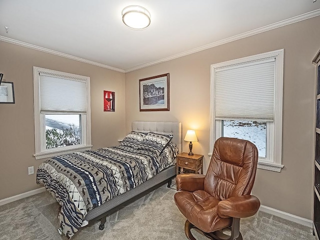 carpeted bedroom with crown molding