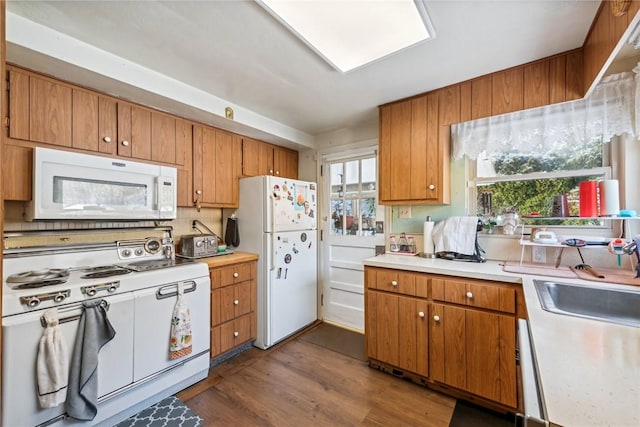 kitchen featuring backsplash, dark hardwood / wood-style flooring, sink, and white appliances