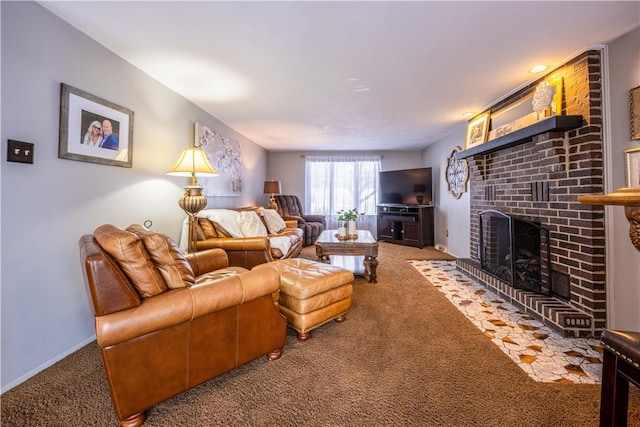 carpeted living room featuring a fireplace