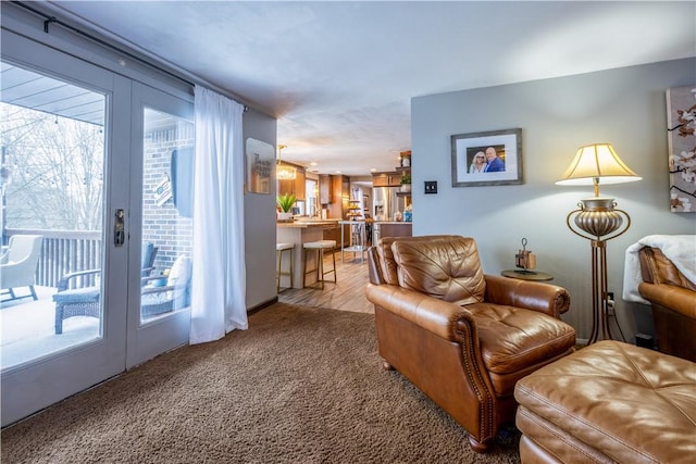 carpeted living room featuring french doors and a wealth of natural light