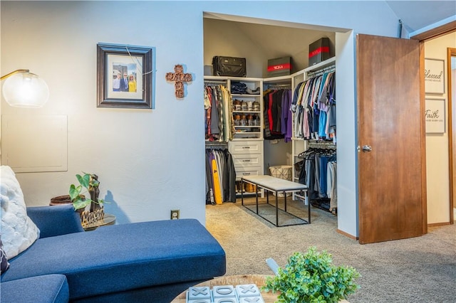 walk in closet featuring carpet and vaulted ceiling