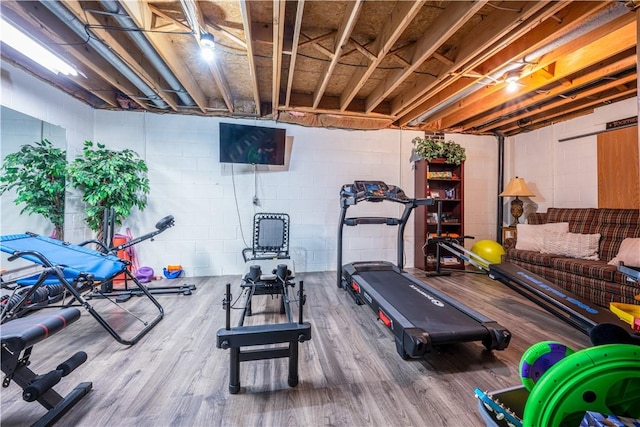 workout room with hardwood / wood-style flooring