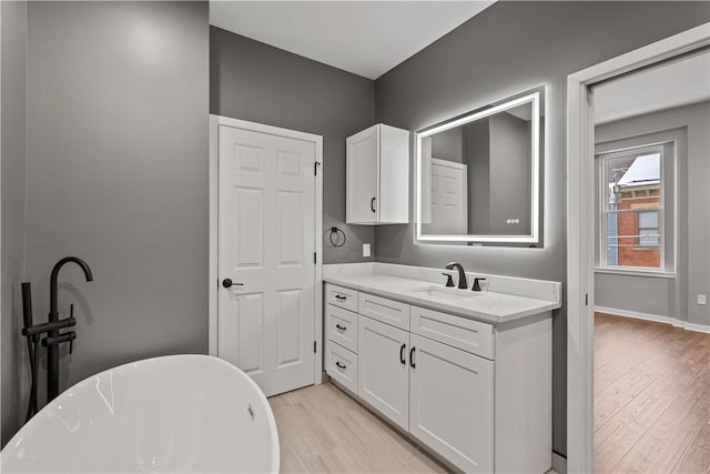 bathroom with hardwood / wood-style floors, a tub to relax in, and vanity