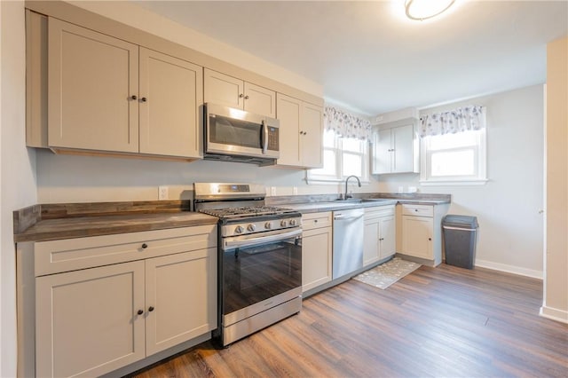 kitchen with sink, stainless steel appliances, and hardwood / wood-style flooring