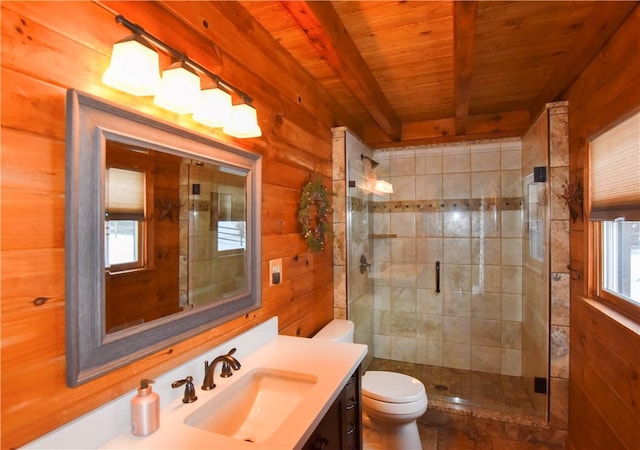 bathroom featuring plenty of natural light, toilet, beam ceiling, and wood ceiling