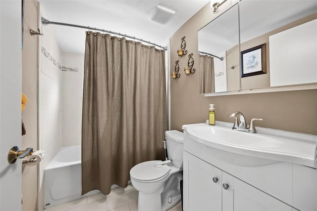 full bathroom with toilet, tile patterned floors, shower / bath combo, and vanity