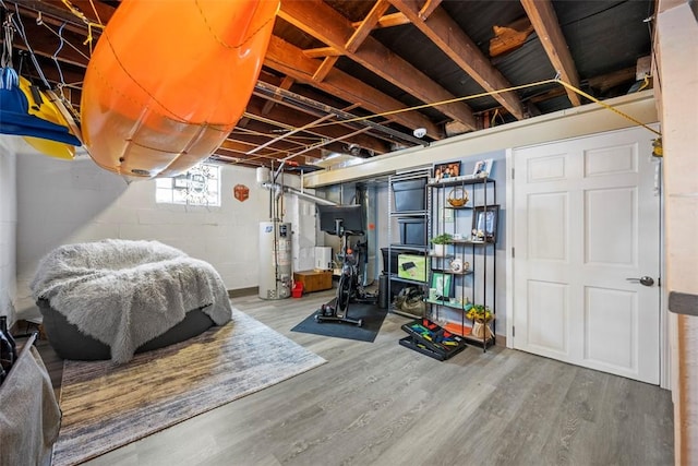 basement with hardwood / wood-style floors and gas water heater