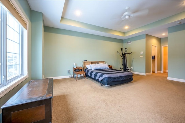 bedroom featuring a raised ceiling, ceiling fan, and carpet floors