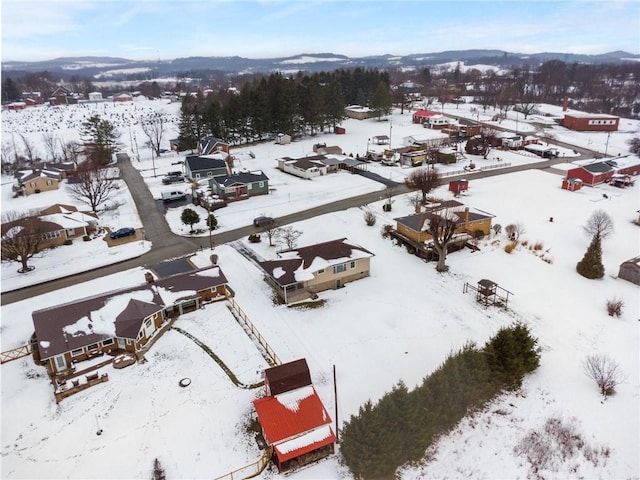 snowy aerial view featuring a mountain view