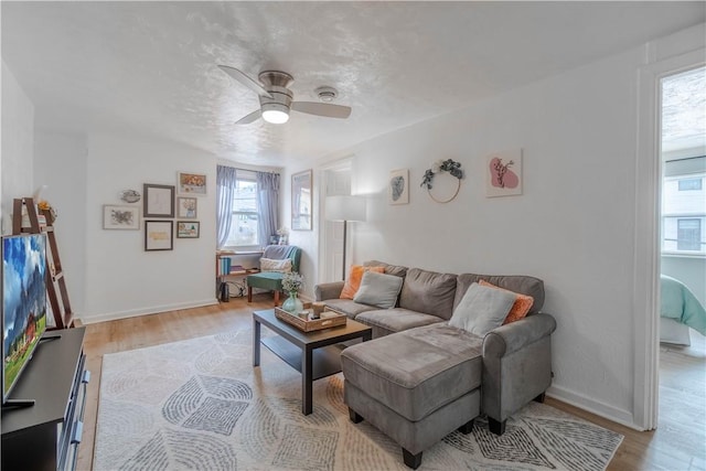 living room featuring ceiling fan and light wood-type flooring