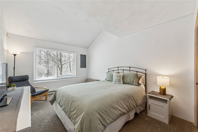 bedroom featuring vaulted ceiling, electric panel, and dark colored carpet