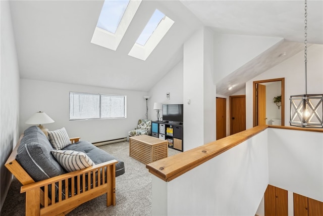 living room with a baseboard radiator and vaulted ceiling