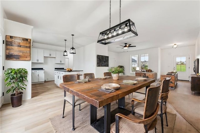 dining room featuring light wood-type flooring and ceiling fan