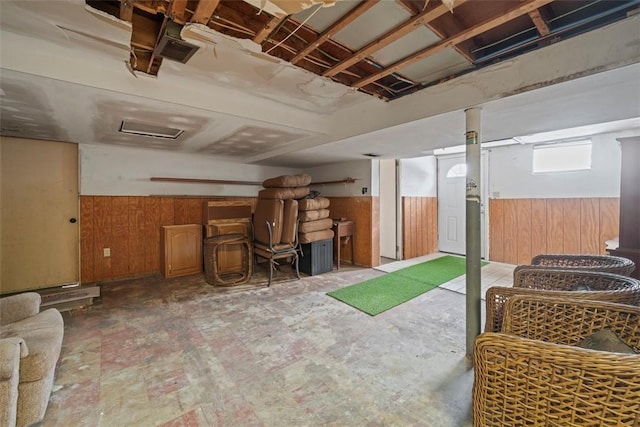 basement with wood walls