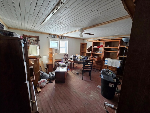 home office with ceiling fan, hardwood / wood-style floors, and wood ceiling