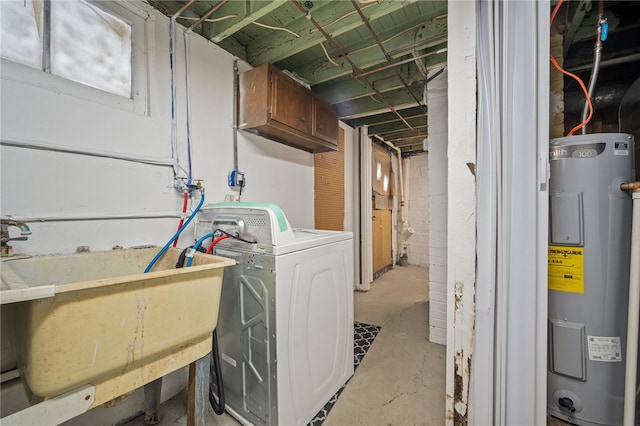 clothes washing area featuring electric water heater, sink, and washer / dryer