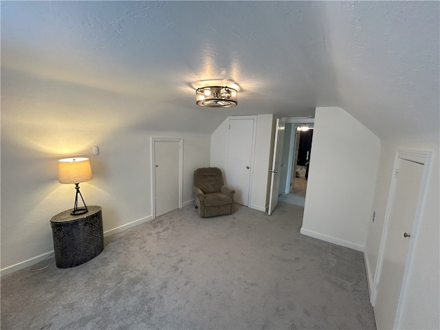 bonus room featuring carpet, vaulted ceiling, and a textured ceiling