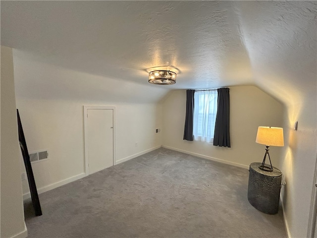 additional living space featuring vaulted ceiling, carpet, and a textured ceiling