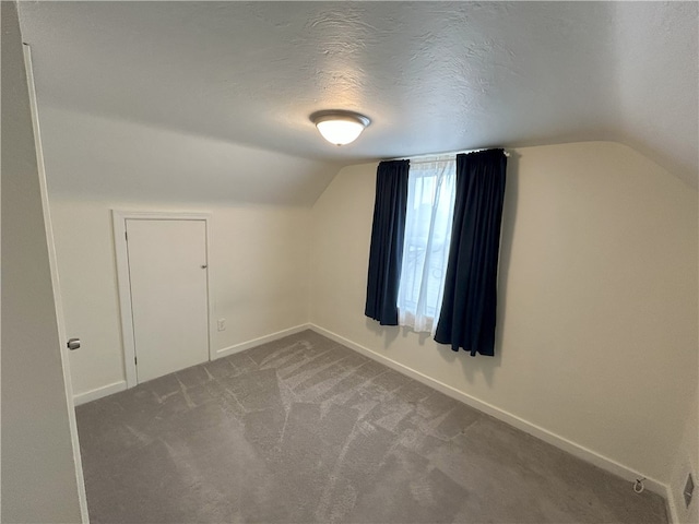 bonus room with lofted ceiling, carpet, and a textured ceiling