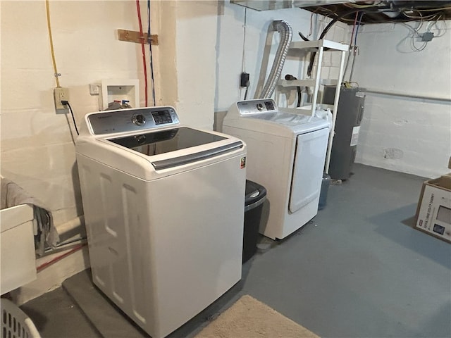 laundry area with water heater and washing machine and clothes dryer