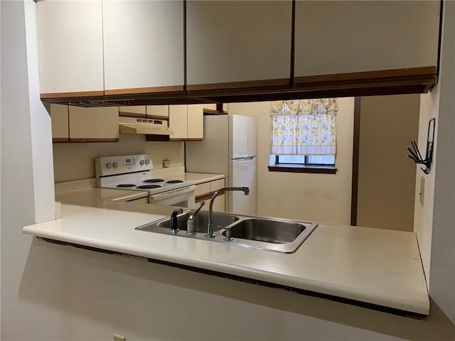 kitchen with sink, white appliances, and white cabinetry