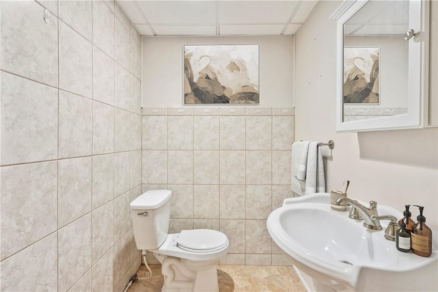 bathroom featuring toilet, tile walls, a drop ceiling, and sink