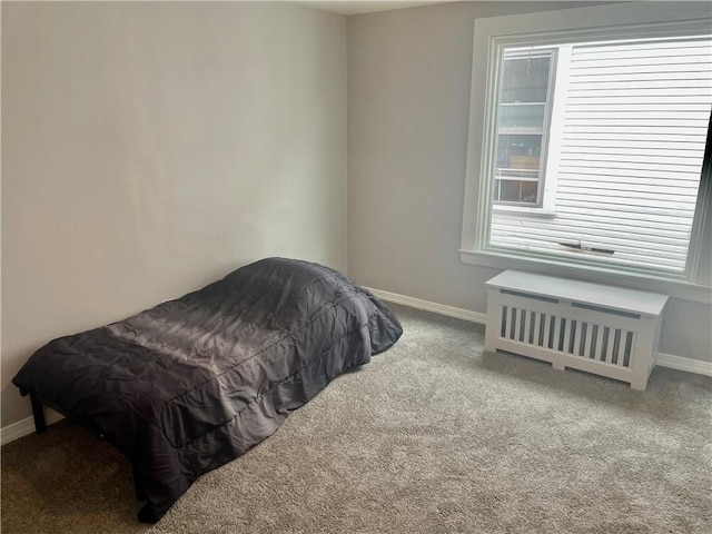 bedroom featuring radiator heating unit and carpet flooring