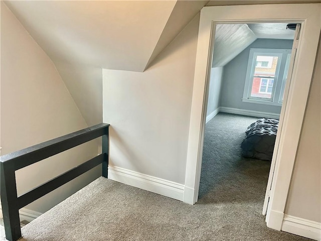 staircase featuring vaulted ceiling and carpet