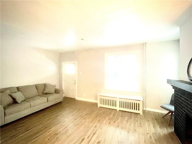 living room with light wood-type flooring and a fireplace