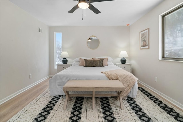 bedroom featuring ceiling fan and light hardwood / wood-style floors