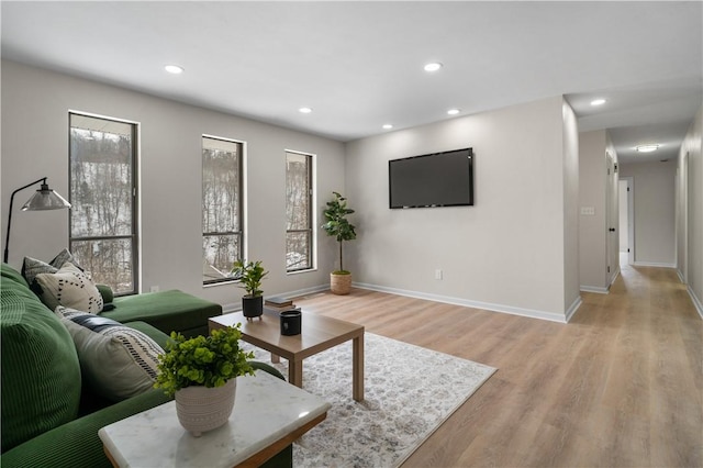 living room with plenty of natural light and light hardwood / wood-style flooring