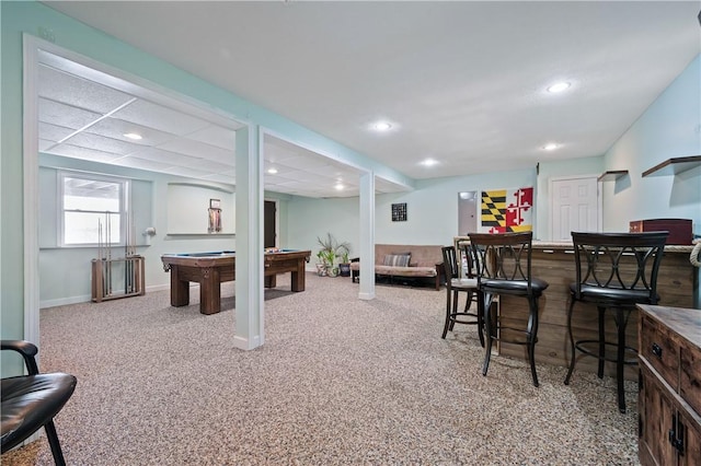 game room featuring carpet floors, billiards, and indoor bar