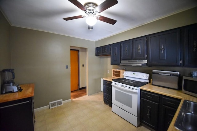 kitchen with white range with electric stovetop, ornamental molding, ceiling fan, and sink