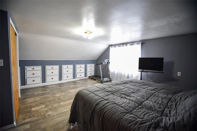 bedroom featuring vaulted ceiling and wood-type flooring