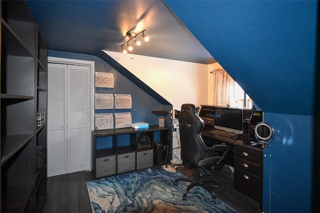 office area with lofted ceiling and dark hardwood / wood-style flooring