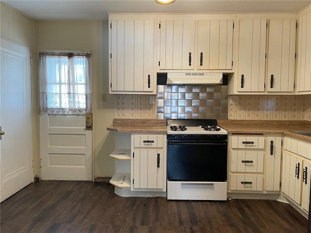 kitchen with white cabinets, backsplash, dark hardwood / wood-style floors, and white gas stove