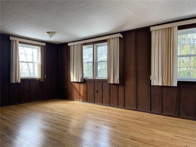 spare room featuring wood walls and light wood-type flooring