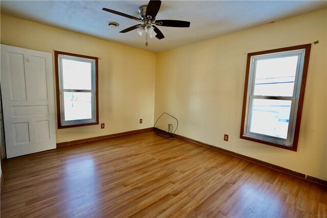 unfurnished room with light wood-type flooring and ceiling fan