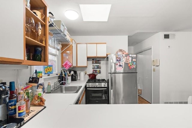 kitchen with kitchen peninsula, sink, a skylight, stainless steel appliances, and white cabinets