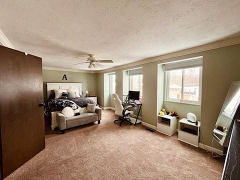 bedroom featuring ceiling fan, light colored carpet, ornamental molding, and a textured ceiling