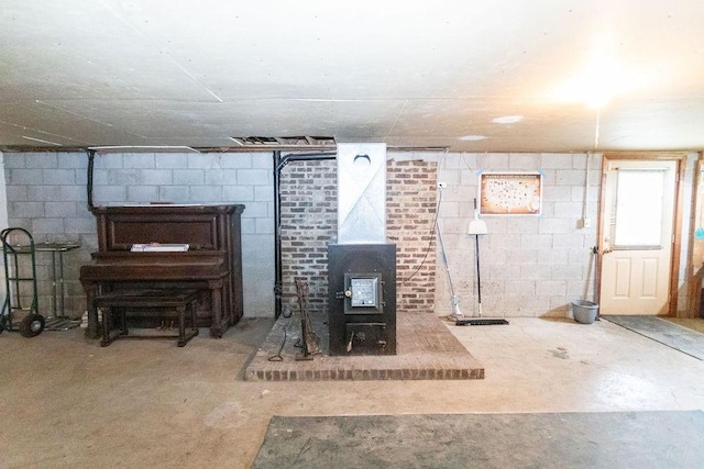 basement with a wood stove