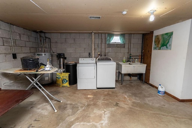 laundry area with washing machine and dryer, electric water heater, and sink