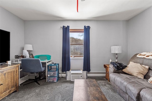 office area with baseboard heating and dark colored carpet