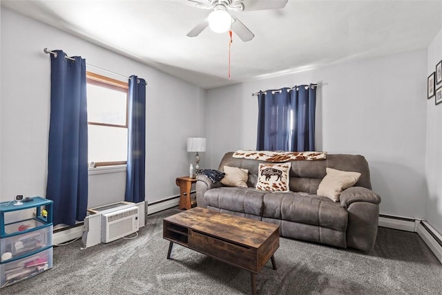 carpeted living room with ceiling fan and baseboard heating