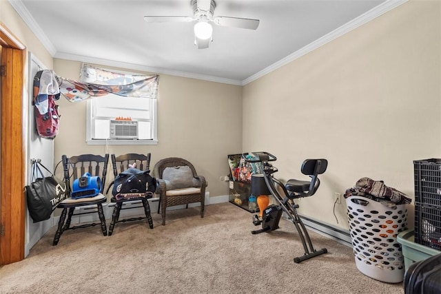 exercise room featuring cooling unit, ceiling fan, carpet, and ornamental molding