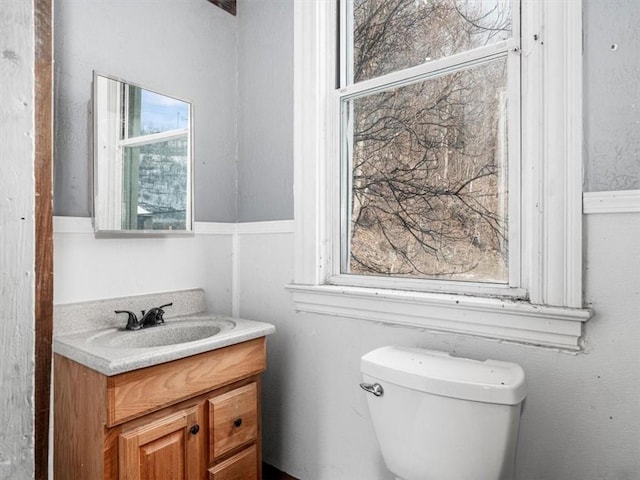 bathroom featuring toilet, vanity, and a healthy amount of sunlight