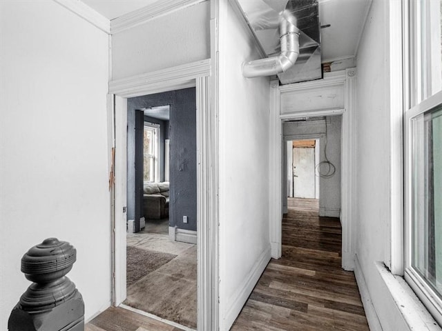 corridor with dark wood-type flooring and ornamental molding