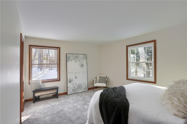 bedroom featuring light colored carpet and multiple windows