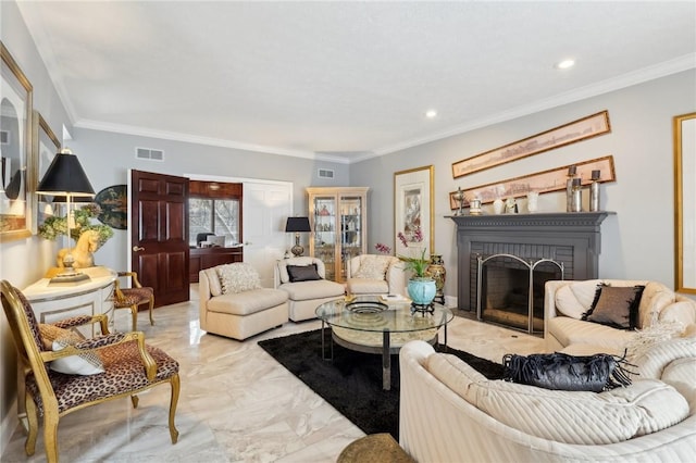 living room featuring crown molding and a fireplace